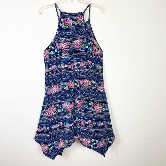 Jesse & J Navy & Pink Floral Zigzag Sleeveless Handkerchief Hem Dress Size XL - Picture 2 of 4